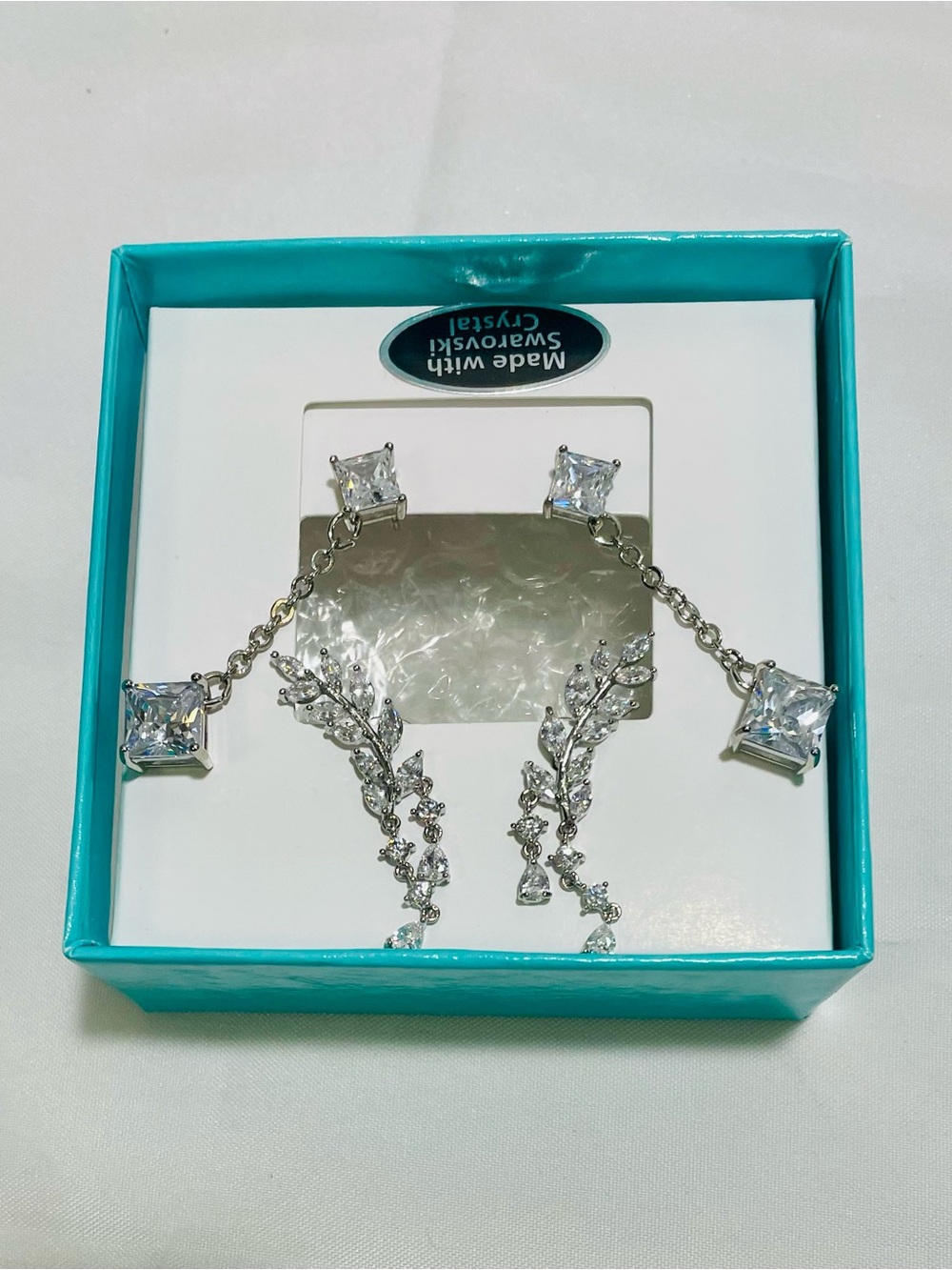 Swarovski Crystals Pair of Silver-tone Bridal/Special Occassion Drop Earrings